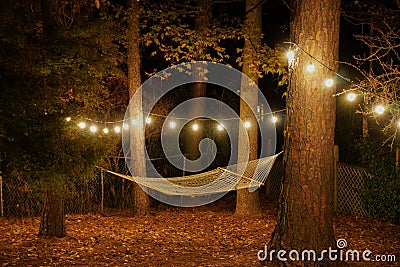 A hammock is suspended between two trees in a backyard with cafe lights strung up; romantic nighttime setting Stock Photo