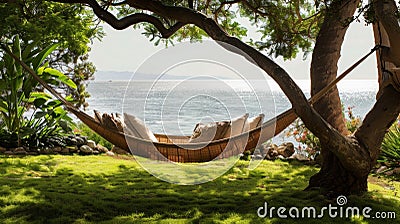 A hammock sways gently in the breeze offering the ultimate relaxation spot for a nap or a full night of uninterrupted Stock Photo