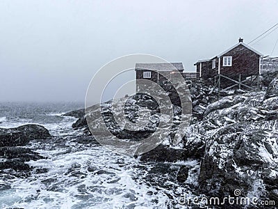 Hamnoy, Norway, fishing village on Lofoten Islands during a storm Stock Photo