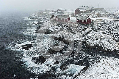 Hamnoy, Norway, fishing village on Lofoten Islands during a storm Stock Photo