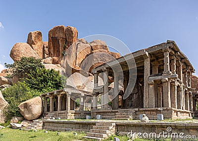 Corner view on Nandi Monolith temple, Hampi, Karnataka, India Editorial Stock Photo