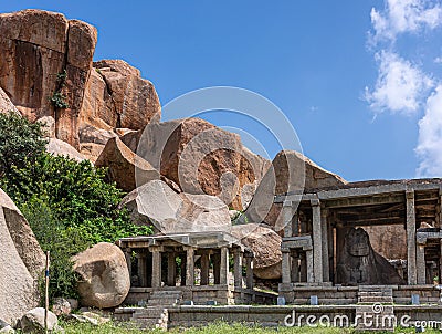 Boulders and Nandi Monolith temple, Hampi, Karnataka, India Editorial Stock Photo