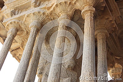 Hampi Vittala Temple cluster pillars of musical pillar attached to the ceiling Stock Photo