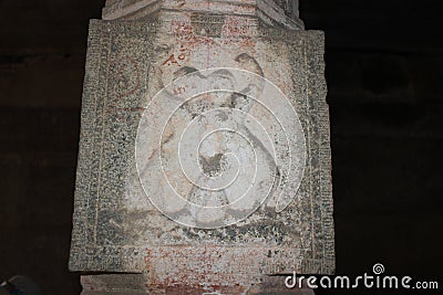 Hampi Vittala Temple pillar carving of dance posture of two people Stock Photo