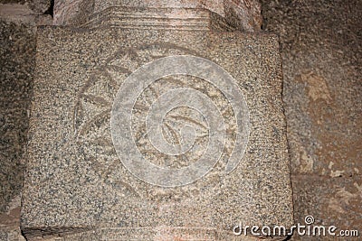 Hampi Vittala Temple Spiral Floral design stone pillar carving Stock Photo