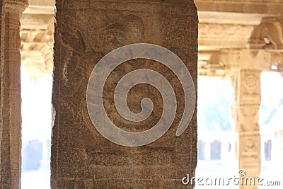 Hampi Vittala Temple Stone Pillar Carving of a strange mythical creature half human half bird Stock Photo