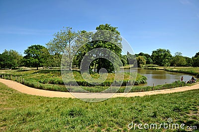 Hampstead Heath is a large, ancient London heath embracing ponds woodlands lido playgrounds and training track Stock Photo