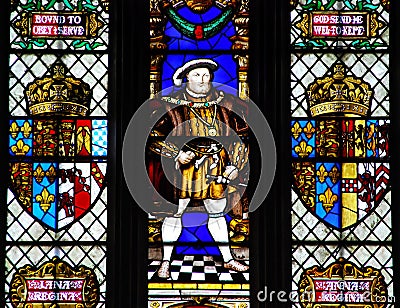 Stained glasses in the hall of Hampton Court Palace. King Henry VIII Editorial Stock Photo