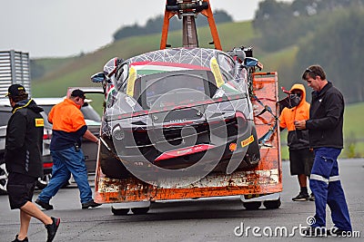 Angelo Negro`s crashed Ferrari 488 Challenge car at Ferrari Challenge Asia Pacific Series race on April 15, 2018 in Hampton Downs Editorial Stock Photo