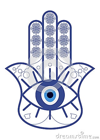 Hamsa or Fatima Hand with Evil Eye Nazar isolated. Hamsa Amulet or the Hand of Fatima vector illustration. Vector Illustration