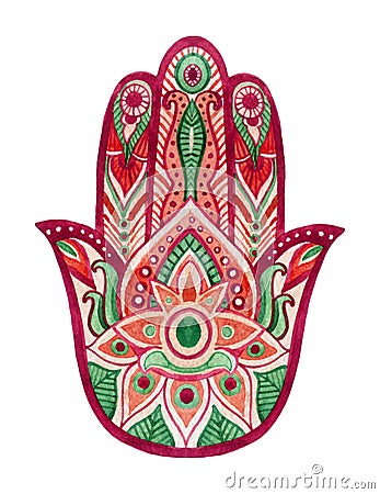 Hamsa Hand in watercolor. Protective and Good luck amulet in Indian, Arabic Jewish cultures. Hamesh hand in vivid colors. Cartoon Illustration