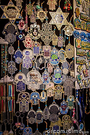 The hamsa and magen David, Arab market in Old City of Jerusalem Stock Photo