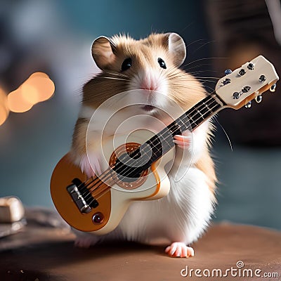 A hamster as a rock and roll musician, strumming a tiny electric guitar3 Stock Photo