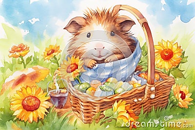A hamster invites for a picknick outside in a spring meadow with flowers. Watercolor Stock Photo