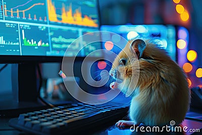 A hamster on a keyboard in front of a computer screen with graphs captures a moment of digital exploration as the Stock Photo