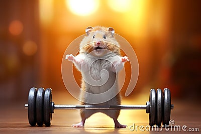 Hamster roborovski standing in front of a barbell. Fitness or healthy lifestyle concept Stock Photo