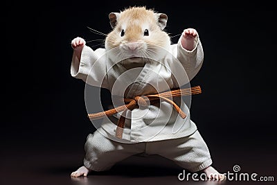 The Hamster roborovski wearing a white kimono is practicing karate Stock Photo