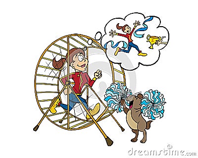 Young woman training inside of a hamster wheel. Vector Illustration