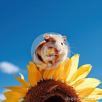 A hamster sitting on top of a sunflower. Generative AI image. Stock Photo