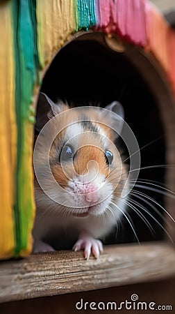 Hamster in a wooden house. Hamster close-up. Stock Photo