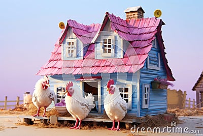 Han chicken rooster animal near the cute pink house on the farm AI Generated Stock Photo