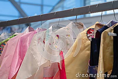 Hanbok - Korean traditional women dress vibrant colors for attire during traditional occasions: celebrations, festivals, ceremonie Editorial Stock Photo