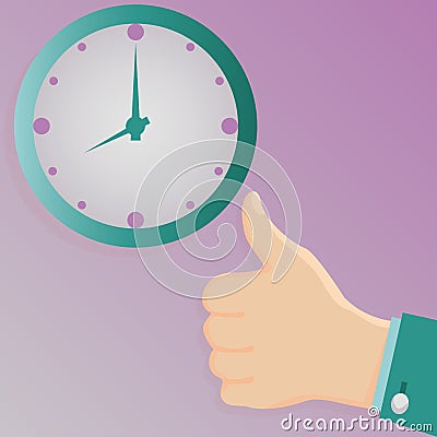 Time is 8 am and thumbs up. The beginning of a new working day. Stock Photo