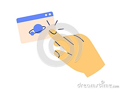 Hand and abstract browser window, using internet. Online search, web-page of website and arm icon. Site, webpage in WWW Vector Illustration
