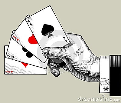 Hand with ace playing cards fan. Vintage engraving stylized draw Vector Illustration