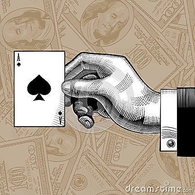 Hand with the ace of Spades playing card on the dollars bank not Vector Illustration