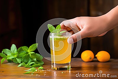 hand adding a sprig of fresh mint to a peach-flavored beer Stock Photo