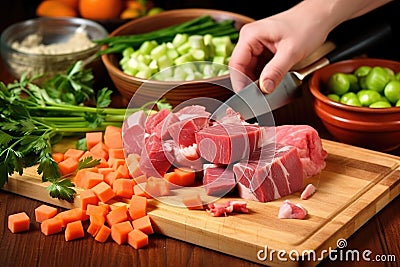 hand adding thick cut vegetables into beef stew Stock Photo