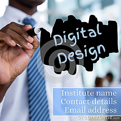 Hand of african american businessman writing digital design, institute name, contact, email Stock Photo