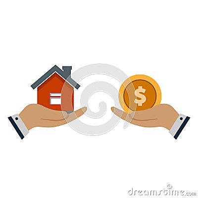 A hand agent with a house in the palm of your hand. Exchange of a house for money. Proposal of buying a house, renting real estate Stock Photo