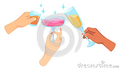 Hand with alcohol drinks cheers. Cartoon glass clink Vector Illustration