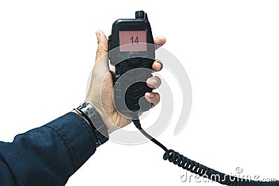 hand of Amateur radio holding speaker and press for radio Stock Photo