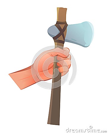 Hand with an ancient stone caveman ax. Object isolated on white background. Funny cartoon style. Vector Vector Illustration