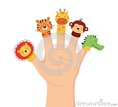 Hand animal puppets. Children finger theater. Family leisure. Lion, tiger, giraffe, monkey and Crocodile dolls. Vector Vector Illustration