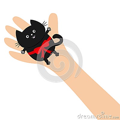 Hand arm holding black cat with red bow ribbon. Adopt animal pet. Helping hands concept. Funny gift. Cute cartoon character. Close Vector Illustration