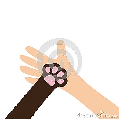 Hand arm holding cat dog paw print leg foot. Help adopt animal pet donate concept. Close up. Friends forever. Veterinarian care. V Vector Illustration