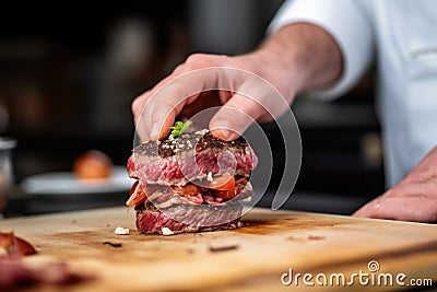 hand assembling a beef burger with bacon Stock Photo