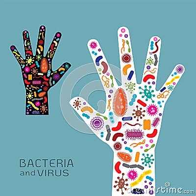 Hand with bacteria and virus Vector Illustration