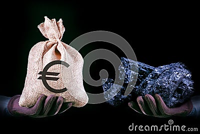 Hand with bag with euro banknotes and hand with coal stone. Mining industry concept Stock Photo