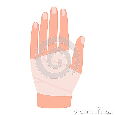 Hand with bandage. First aid, protection in case of burn of skin, physical trauma, wound. Clean bandage, patch. Injury Vector Illustration
