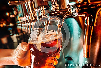 Hand of bartender pouring a large lager beer in tap Stock Photo