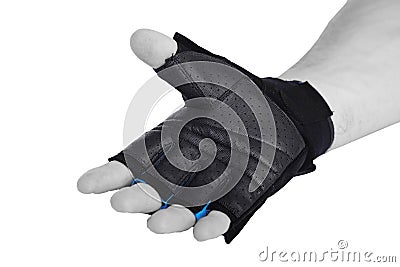 A hand with bicycle glove showing open hand on white background Stock Photo