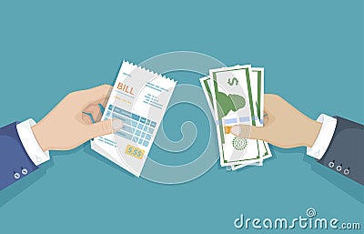 Hand with bill and cash money. Illustration sales, shopping, check, receipt, invoice, order. Paying bills. Payment of goods Vector Illustration