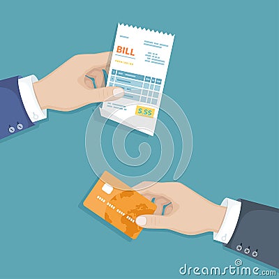 Hand with bill and credit card. Illustration sales shopping check, receipt, invoice, order. Paying bills. Payment of goods service Vector Illustration