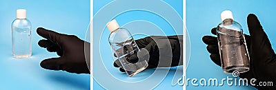 Hand in black glove reaches, catch and hold sanitizer on blue. Three square pictures collage disinfection concept Stock Photo