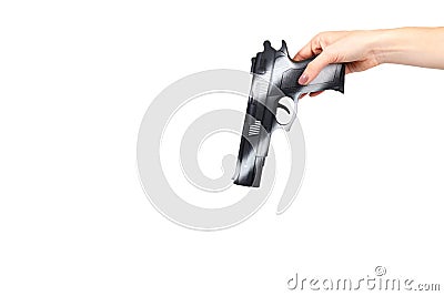 Hand with black gun, side view pistol, crime and military concept Stock Photo